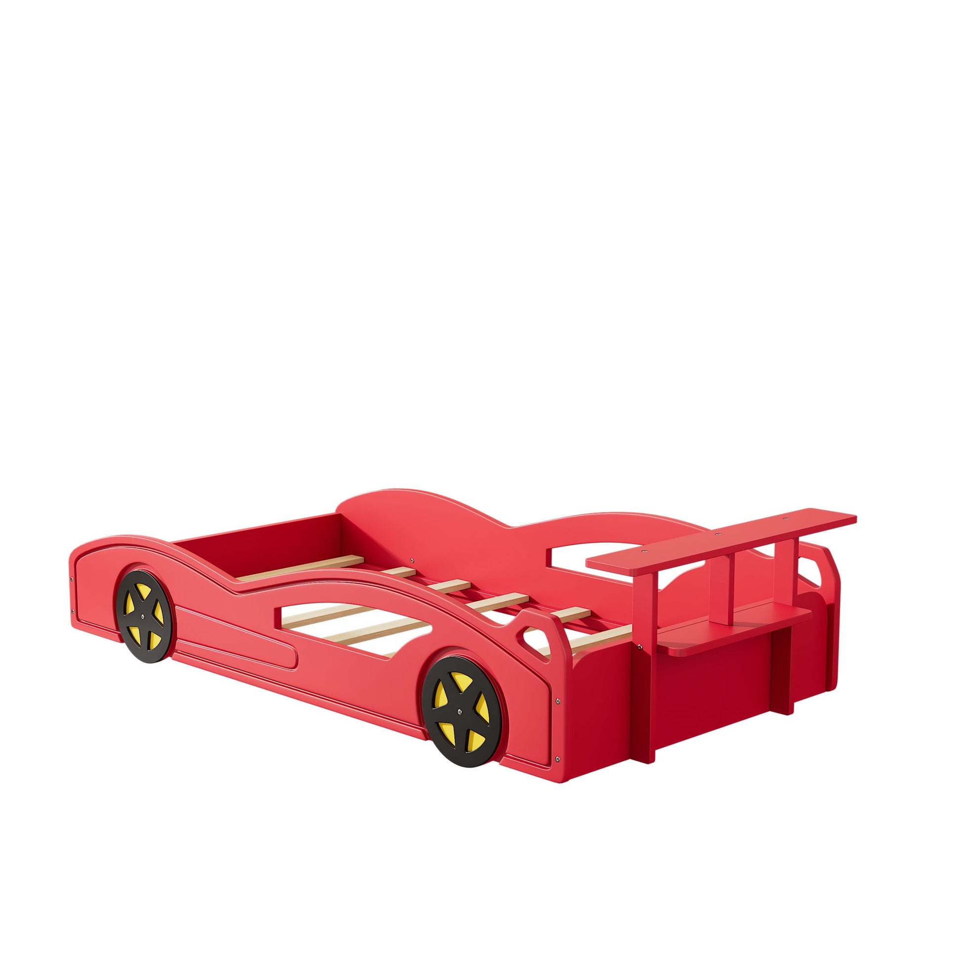 Race Car Platform Bed red wooden bed frame with black and yellow wheels by HouseOfZazla on Tampa Home & Garden Store
