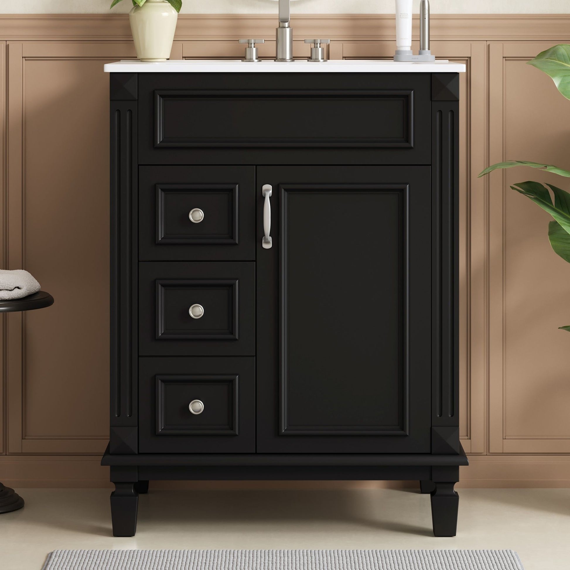 Black bathroom vanity with white top, 2 drawers, chrome hardware by Unique Piece Furniture on Tampa Home & Garden Store
