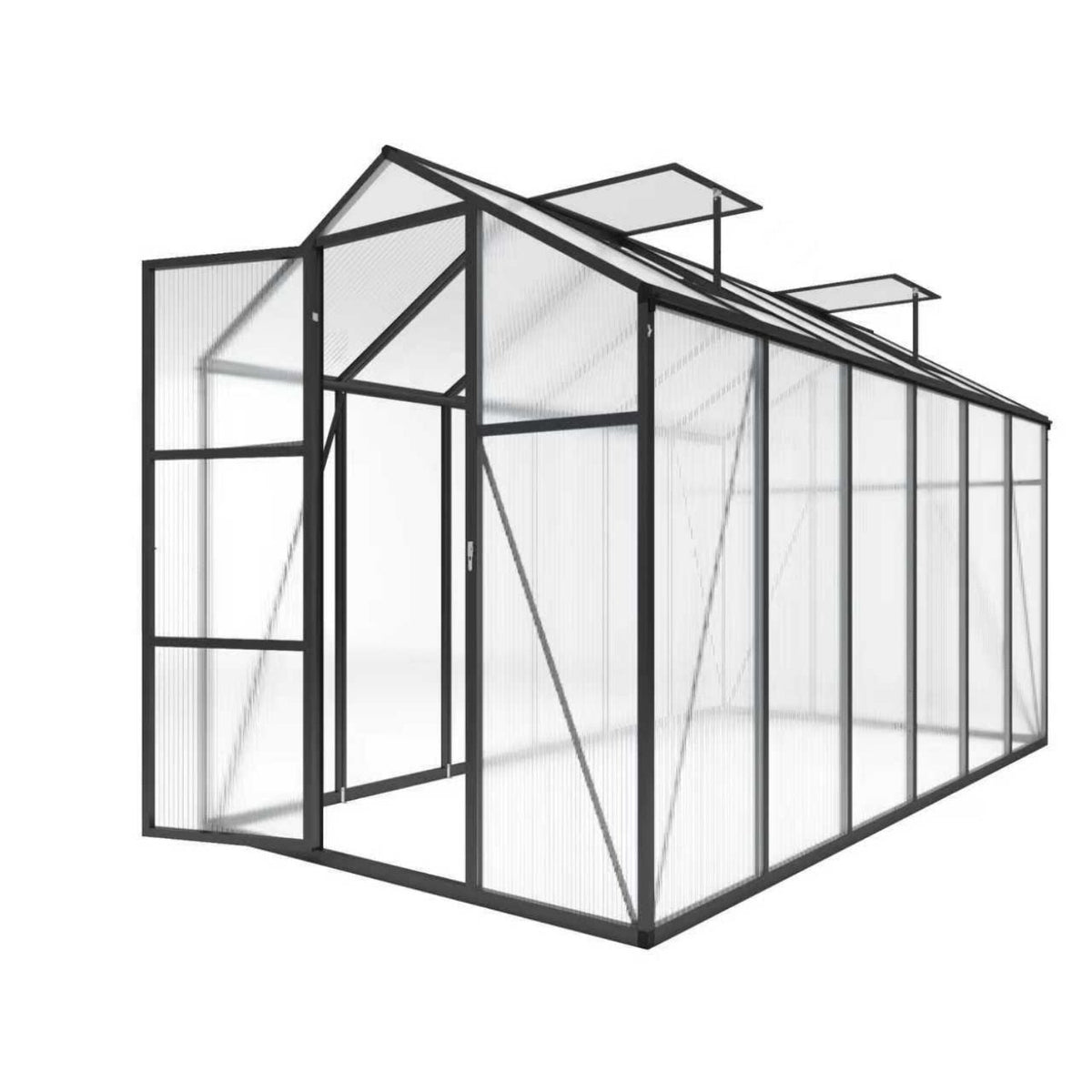 Windproof greenhouse with raised base, black frame and clear polycarbonate panels, HouseOfZazla on Tampa Home & Garden Store