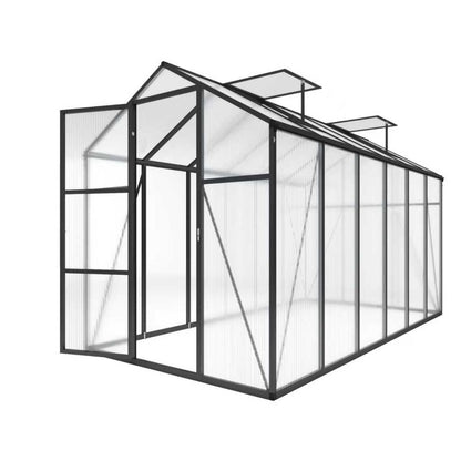 Windproof greenhouse with raised base, black frame and clear polycarbonate panels, HouseOfZazla on Tampa Home & Garden Store