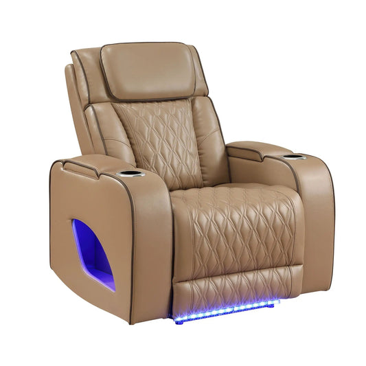Fortuner power reclining chair tan leather quilted, cup holders, and LED lighting on Tampa Home & Garden Store