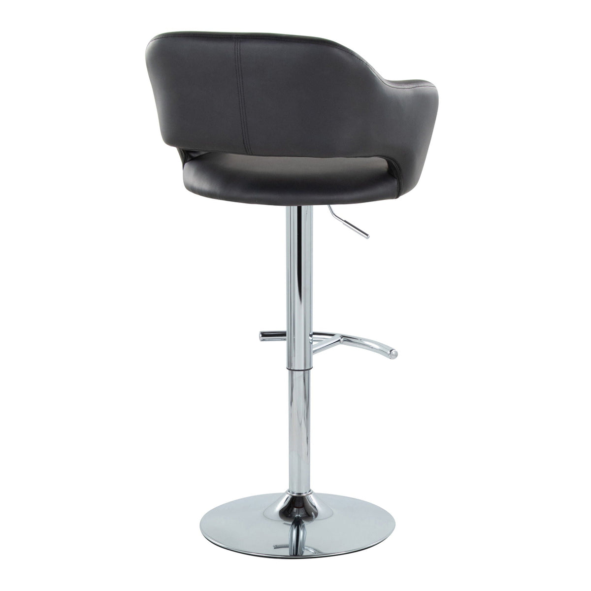 Contemporary adjustable black leather barstool with swivel chrome pedestal and round base on Tampa Home & Garden Store