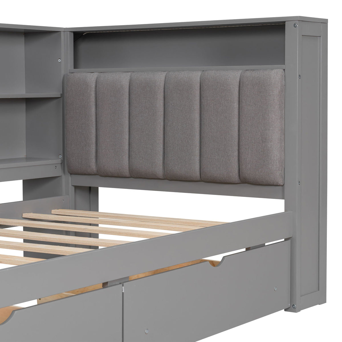Platform bed with gray upholstered headboard and built-in storage shelves and drawers on Tampa Home & Garden Store