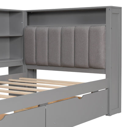 Platform bed with gray upholstered headboard and built-in storage shelves and drawers on Tampa Home & Garden Store