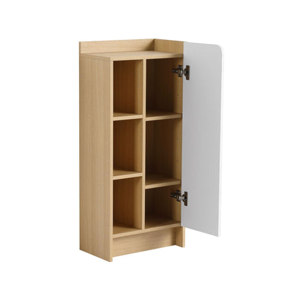 Narrow linen cabinet with 1 door and 3-shelf open storage light oak HouseOfZazla on Tampa Home & Garden Store
