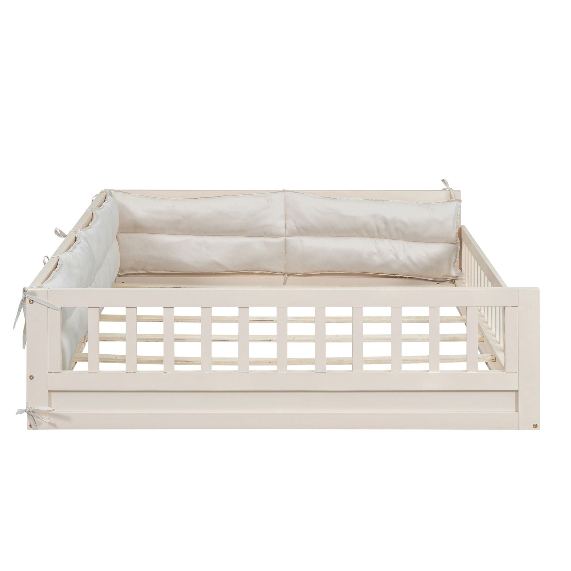 Upholstered platform bed with guardrails and cream padded pillows by HouseOfZazla on Tampa Home & Garden Store