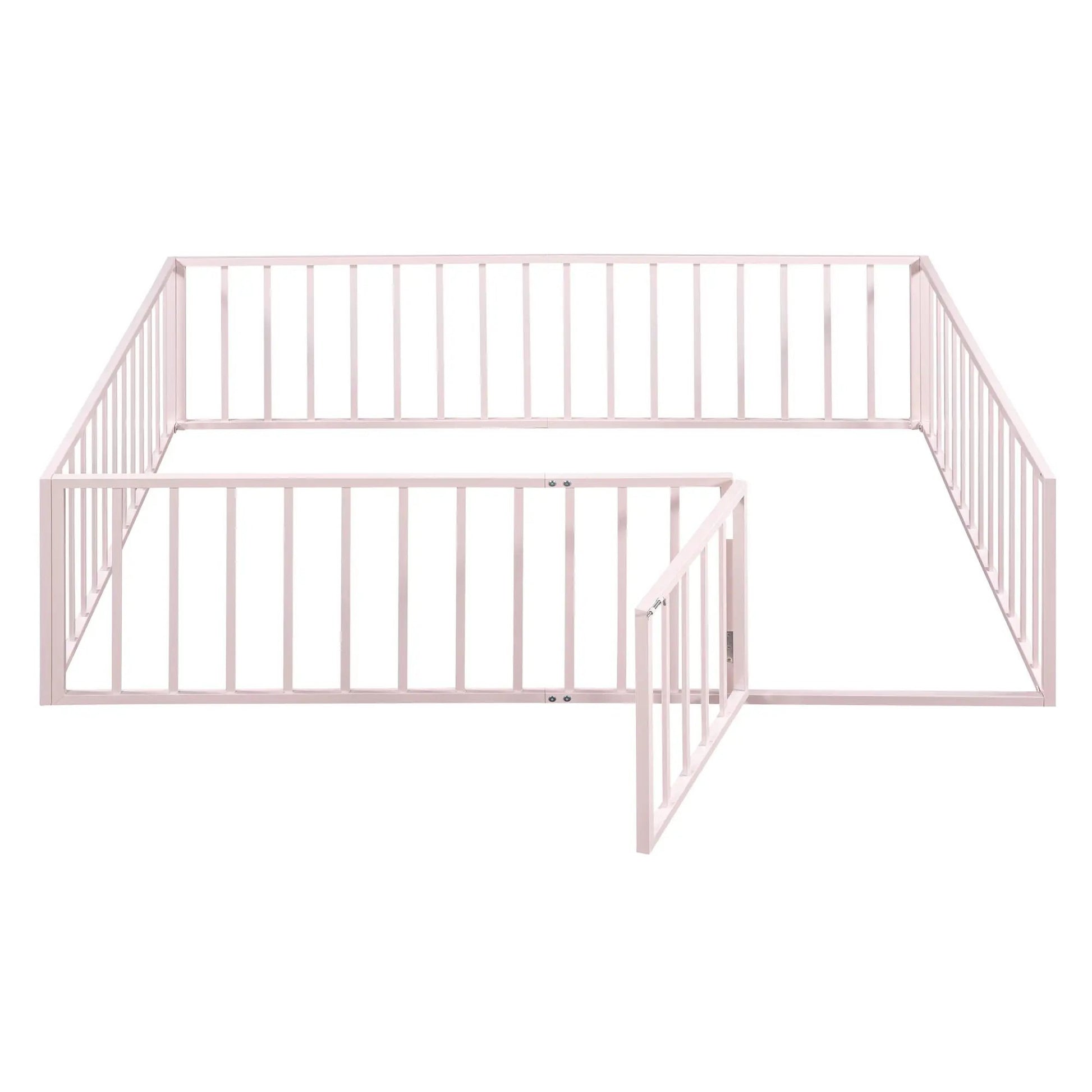 Pink metal bed frame with fence rails and a door, Unique Piece Furniture panel bed on Tampa Home & Garden Store