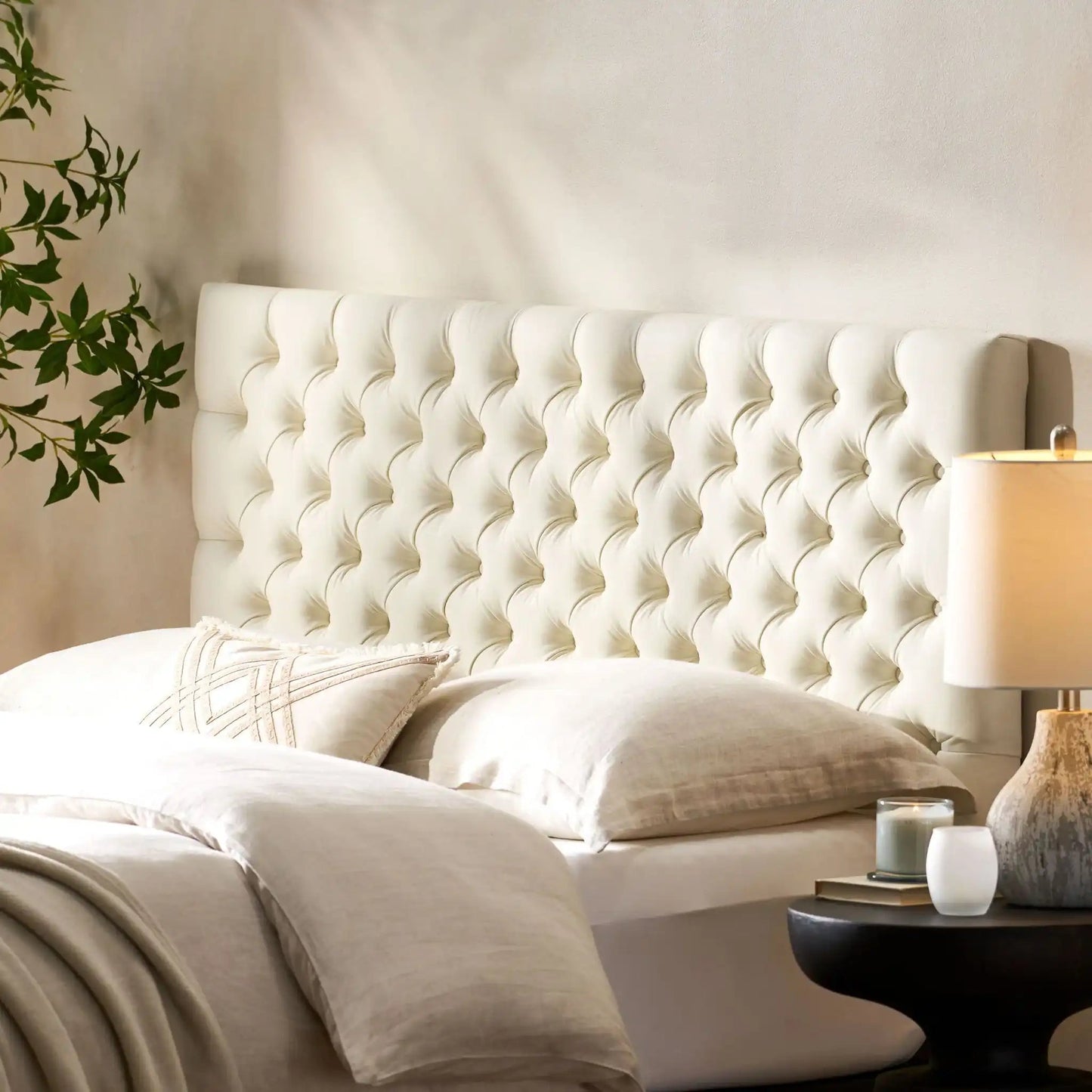 Annecy Contemporary Upholstered Headboard in ivory tufted fabric by HouseOfZazla on Tampa Home & Garden Store