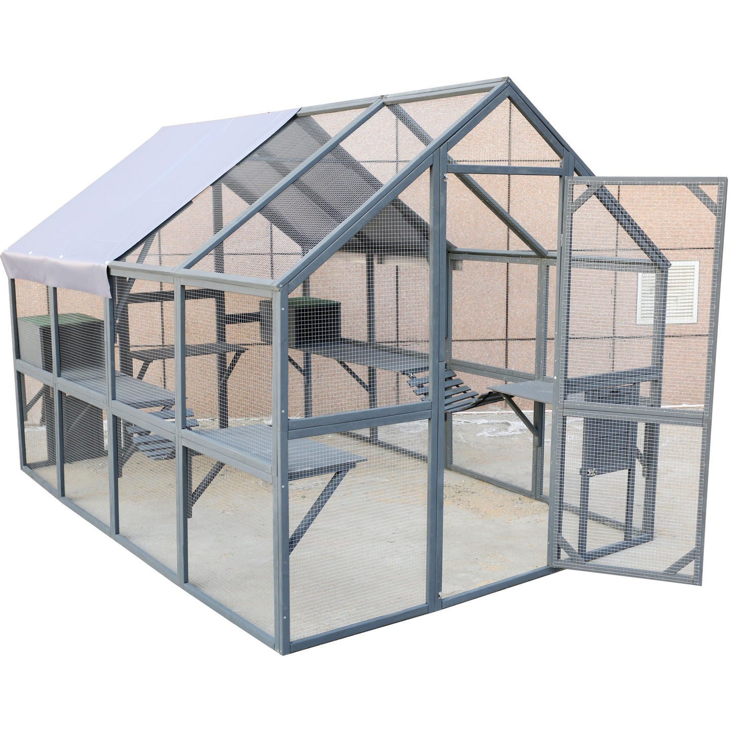 Spacious Wooden Cat Enclosure with Gray Roof