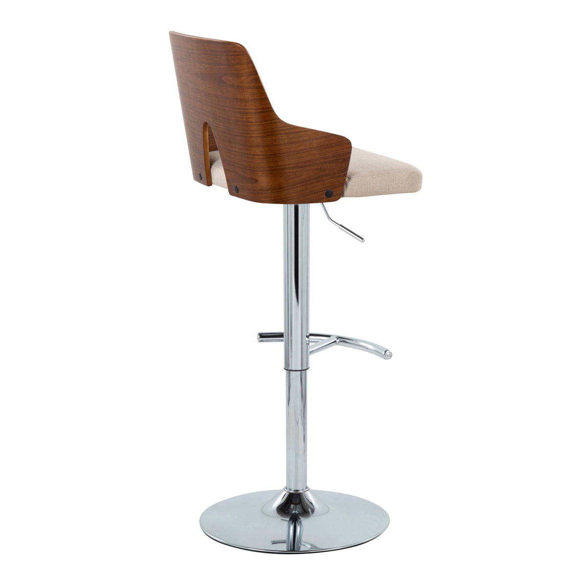 Barstool set swivel, mid century wood back, beige seat, HouseOfZazla chrome base on Tampa Home & Garden Store