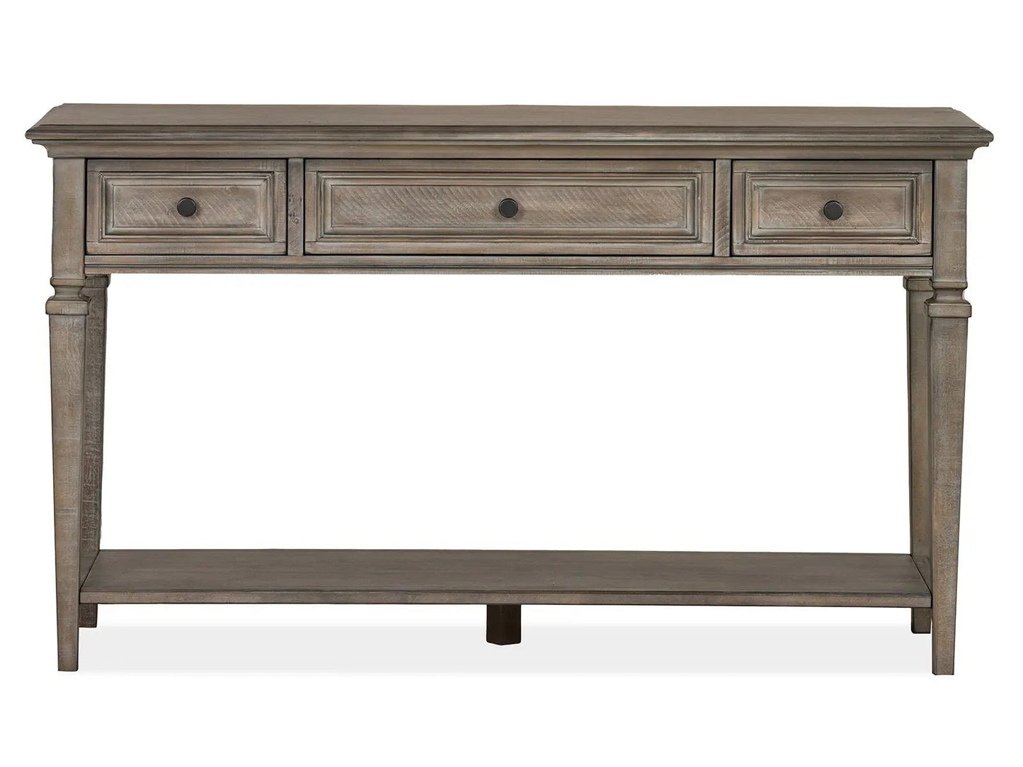 Lancaster rectangular sofa table in Dove Tail Gray with three drawers and distressed finish on Tampa Home & Garden Store