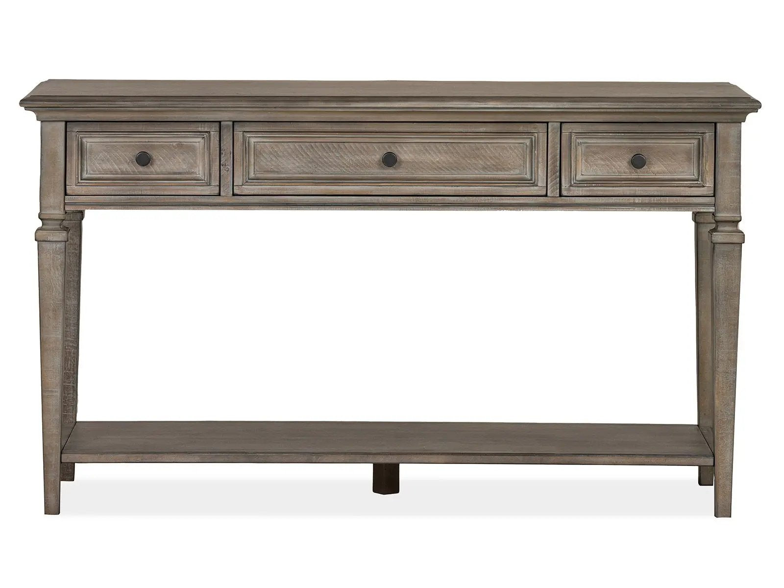 Lancaster rectangular sofa table in Dove Tail Gray with three drawers and distressed finish on Tampa Home & Garden Store