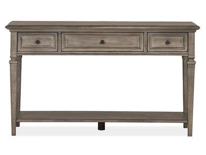 Lancaster rectangular sofa table in Dove Tail Gray with three drawers and distressed finish on Tampa Home & Garden Store