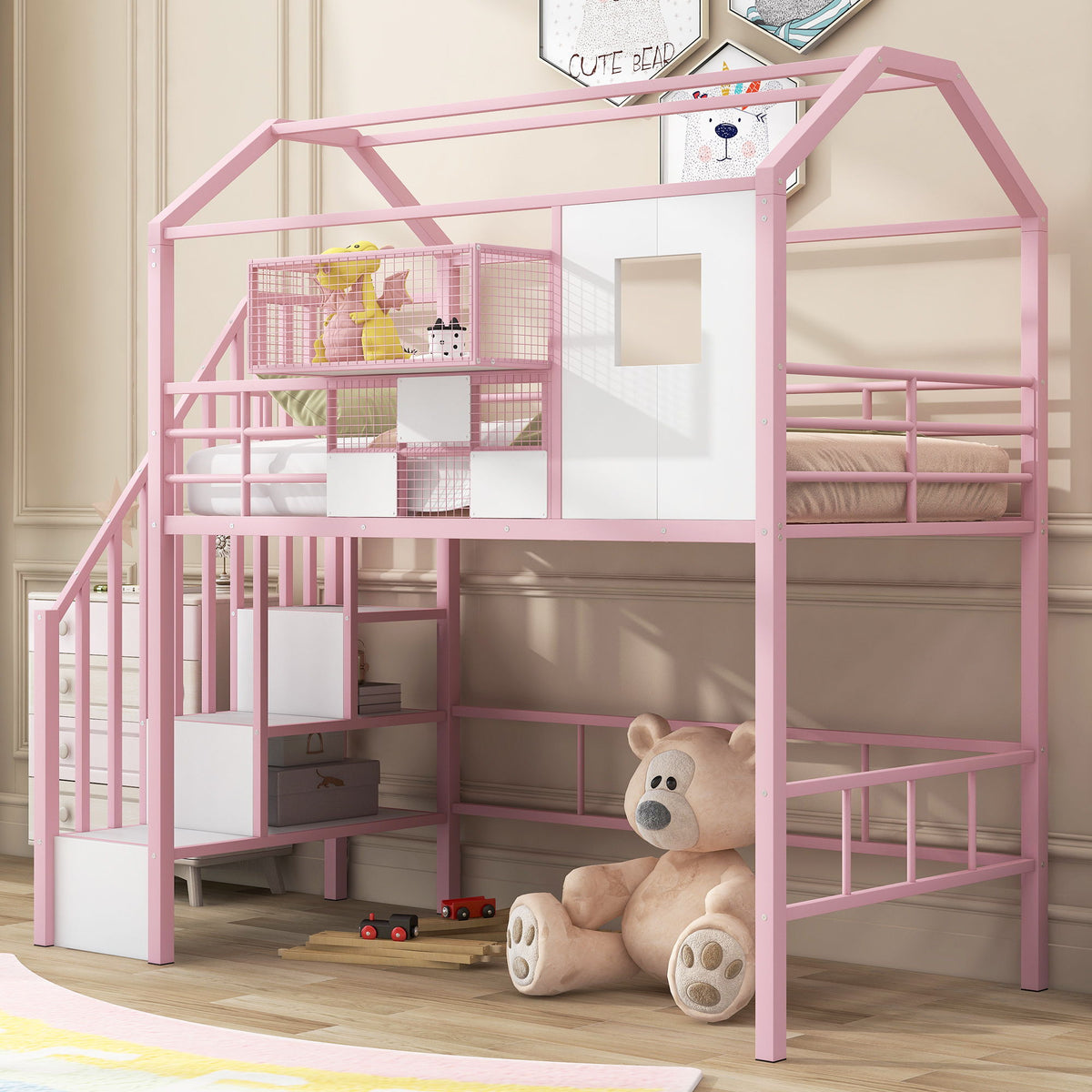 Pink metal loft bed with roof frame, guardrails, integrated ladder and built-in storage on Tampa Home & Garden Store