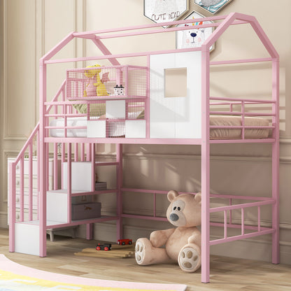 Pink metal loft bed with roof frame, guardrails, integrated ladder and built-in storage on Tampa Home & Garden Store