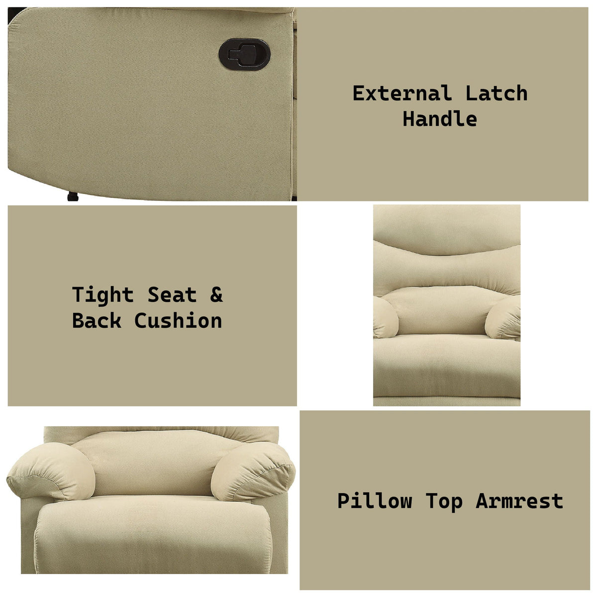 Arcadia Micro Motion Glider Recliner beige upholstery with pillow top arms and latch handle on Tampa Home & Garden Store