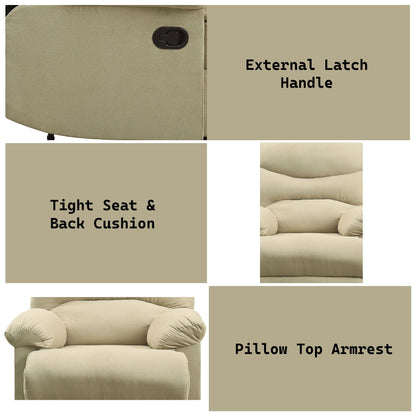Arcadia Micro Motion Glider Recliner beige upholstery with pillow top arms and latch handle on Tampa Home & Garden Store