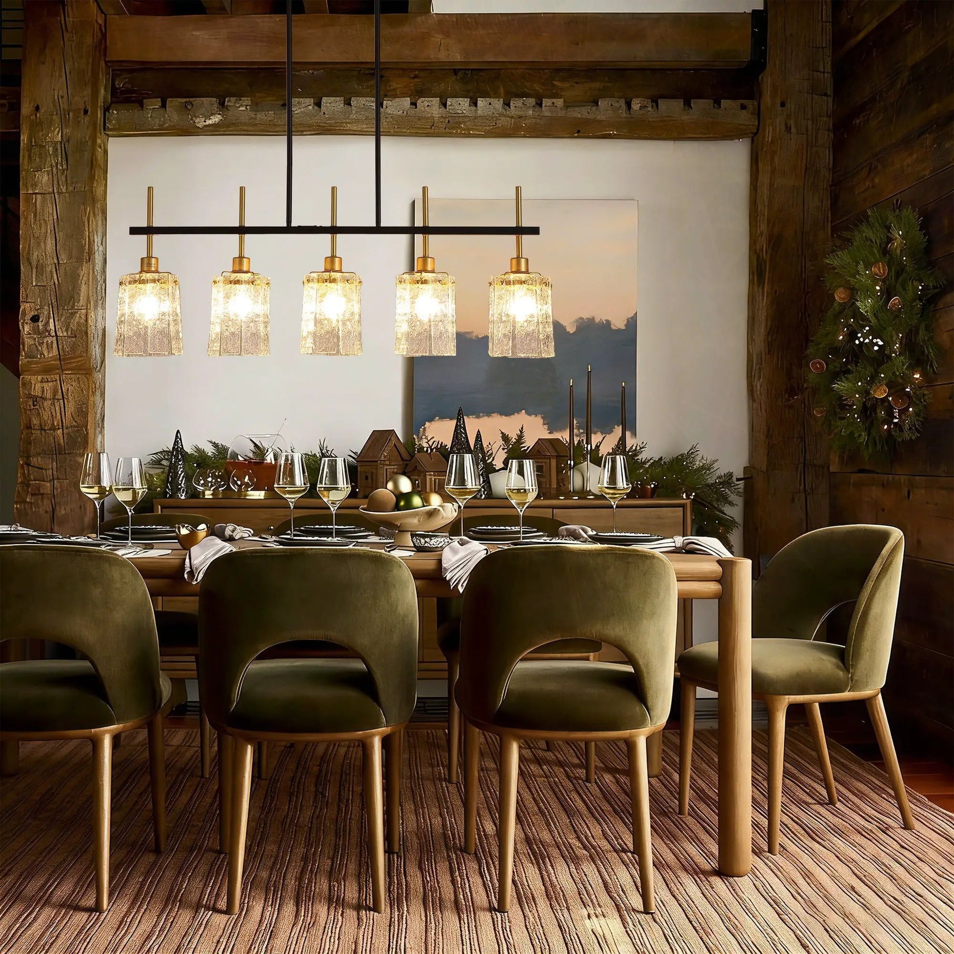 Chandelier 5-light fixture in black and gold with textured glass shades over dining table on Tampa Home & Garden Store