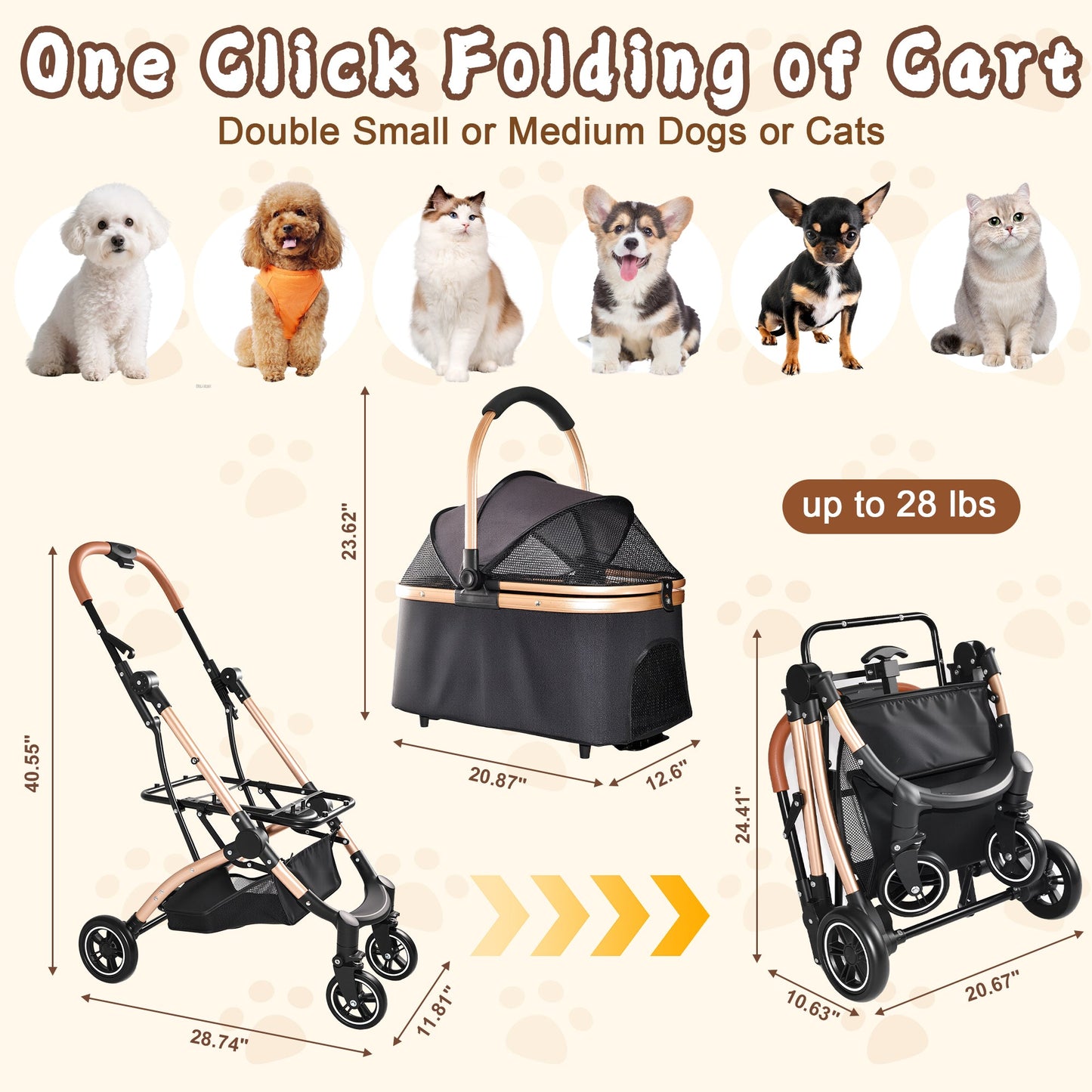 HouseOfZazla Pet Stroller for Dogs and Cats, 2-in-1 detachable foldable design, rose-gold frame on Tampa Home & Garden Store