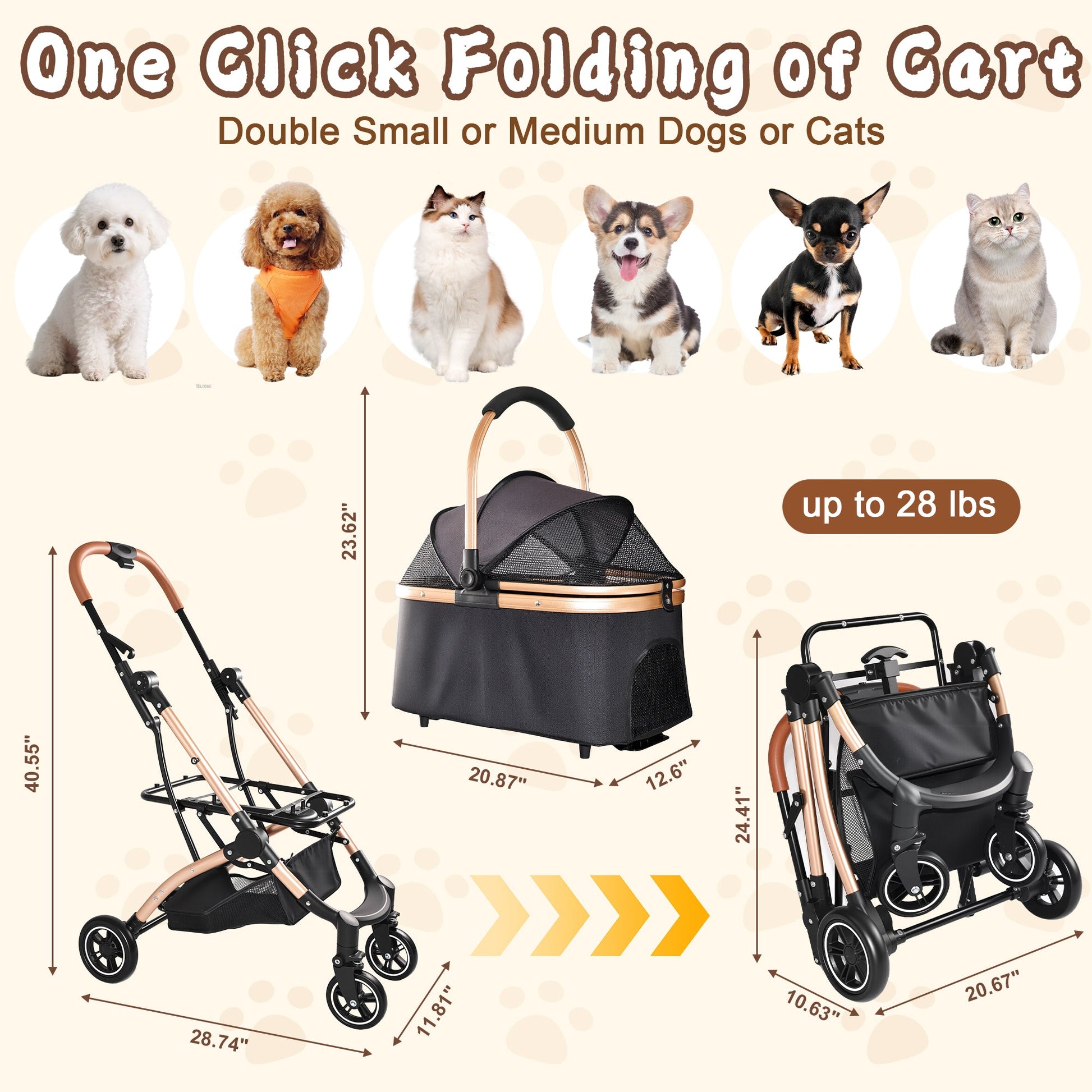 HouseOfZazla Pet Stroller for Dogs and Cats, 2-in-1 detachable foldable design, rose-gold frame on Tampa Home & Garden Store