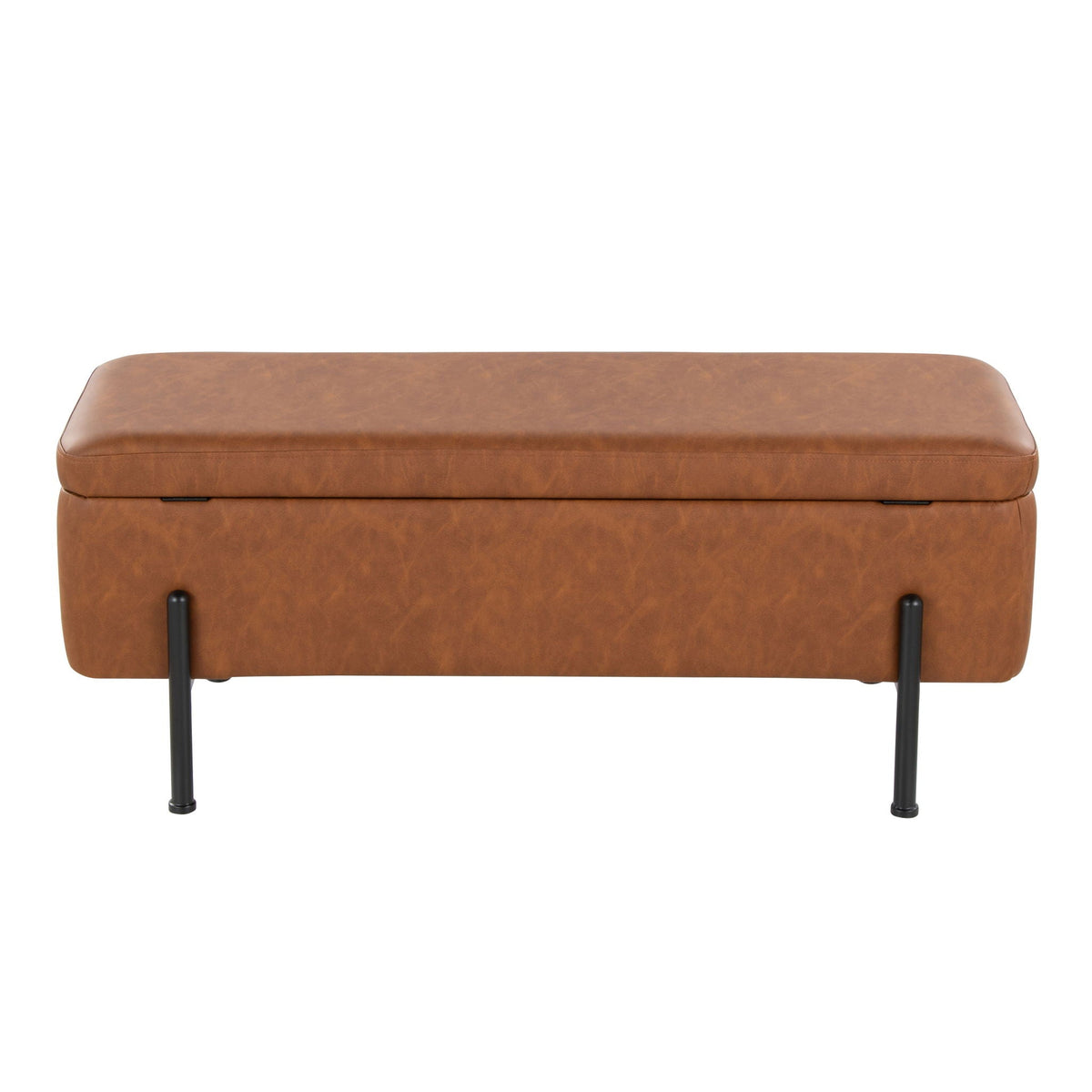 Contemporary storage bench with flip-top storage in camel faux leather and black metal legs on Tampa Home & Garden Store