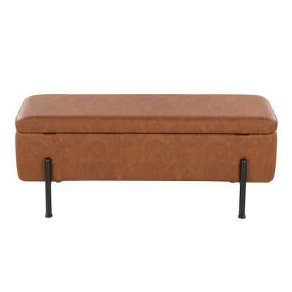 Contemporary storage bench with flip-top storage in camel faux leather and black metal legs on Tampa Home & Garden Store