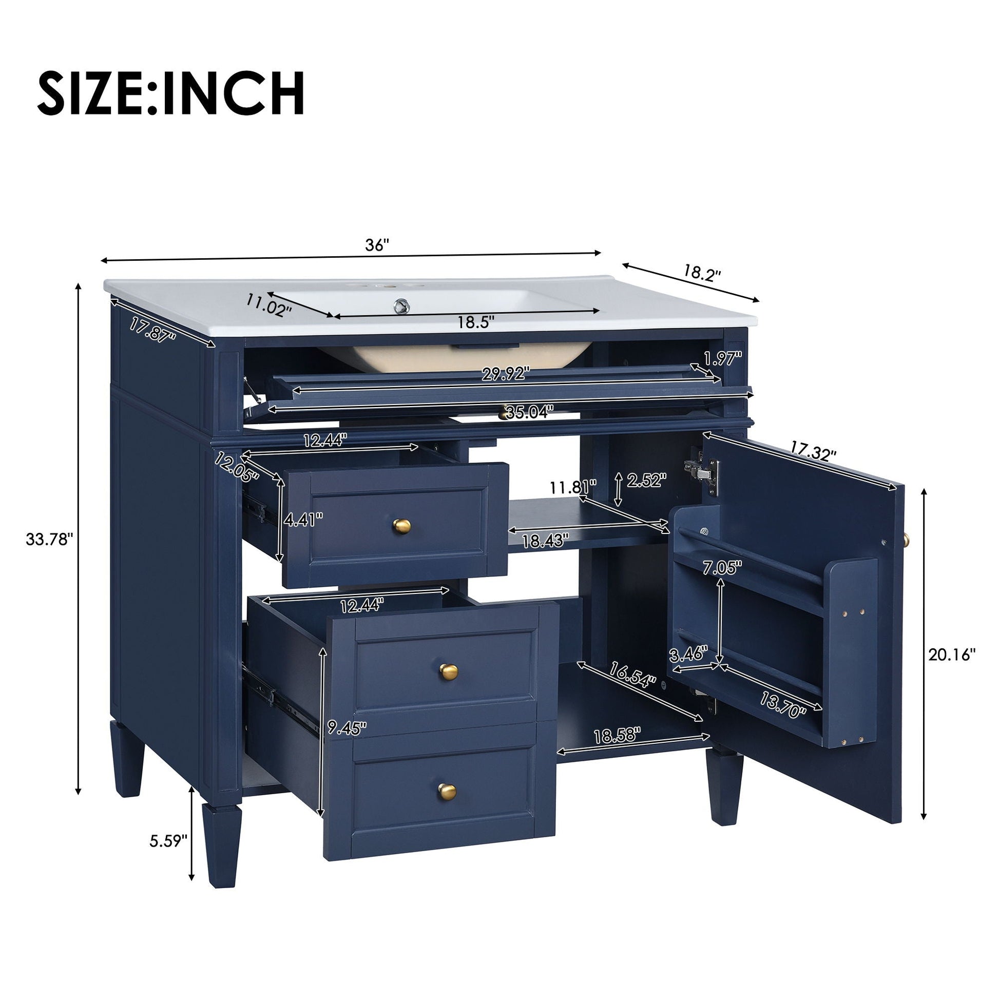 Blue bathroom vanity with top sink, single basin, 2 drawers and a tip-out drawer on Tampa Home & Garden Store