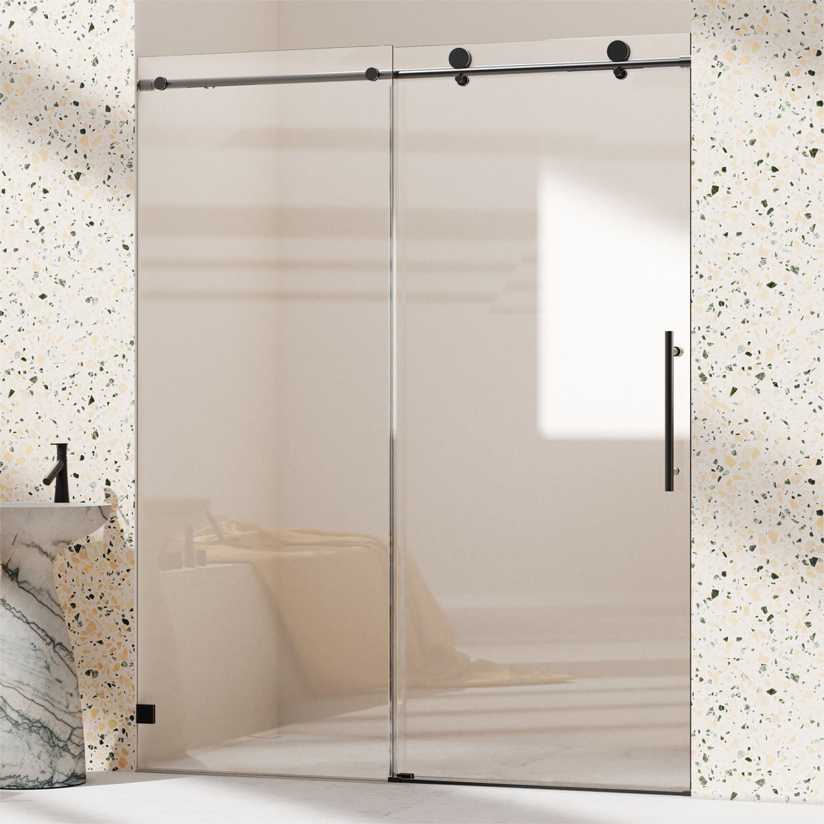Frameless single sliding shower doors with soft-close matte black hardware on two glass panels on Tampa Home & Garden Store