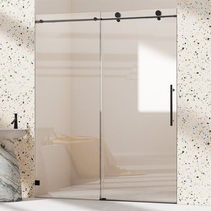 Frameless single sliding shower doors with soft-close matte black hardware on two glass panels on Tampa Home & Garden Store