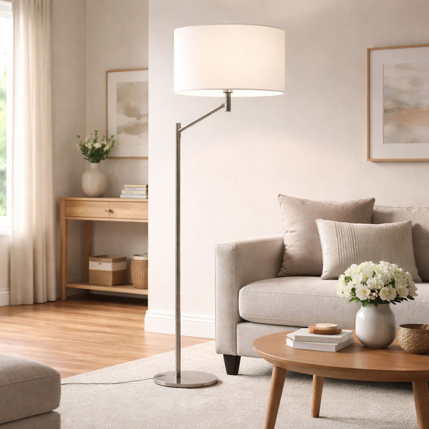 Horizon table lamp by HouseOfZazla with brushed nickel curved base and linen shade on Tampa Home & Garden Store
