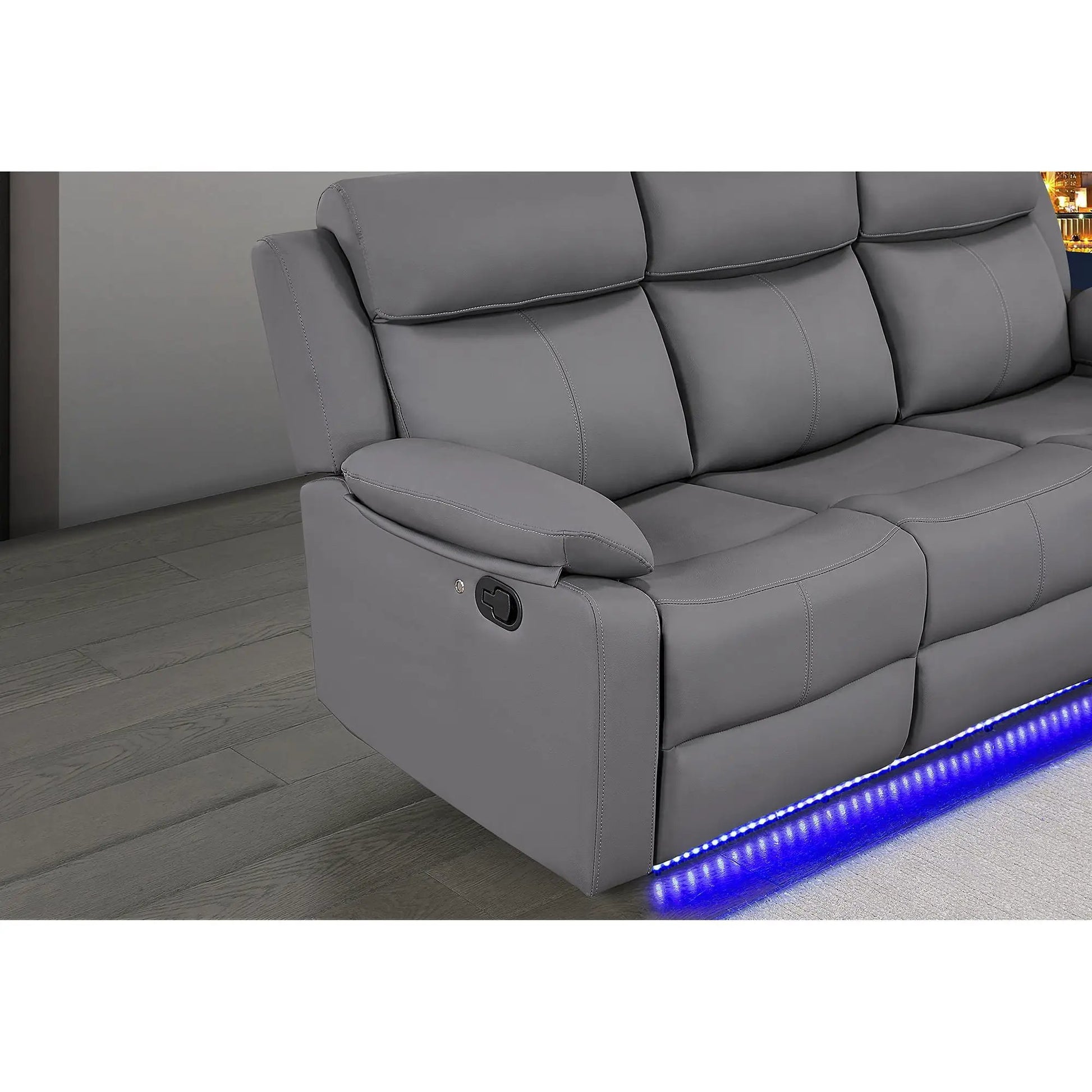 Blanche reclining sofa by Unique Piece Furniture in gray leather with blue LED lights on Tampa Home & Garden Store