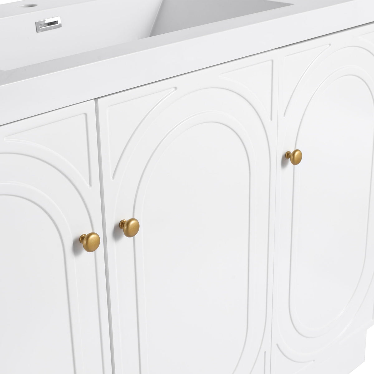 Freestanding white bathroom vanity with soft-close doors and gold knobs on Tampa Home & Garden Store