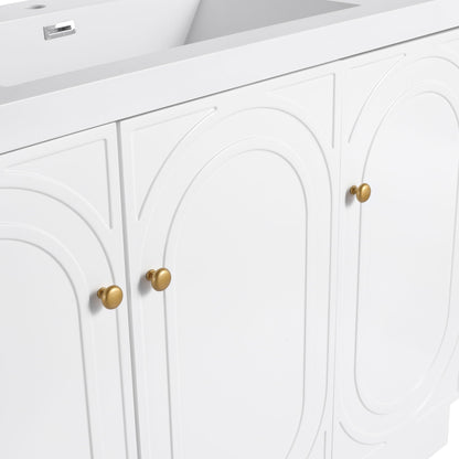 Freestanding white bathroom vanity with soft-close doors and gold knobs on Tampa Home & Garden Store