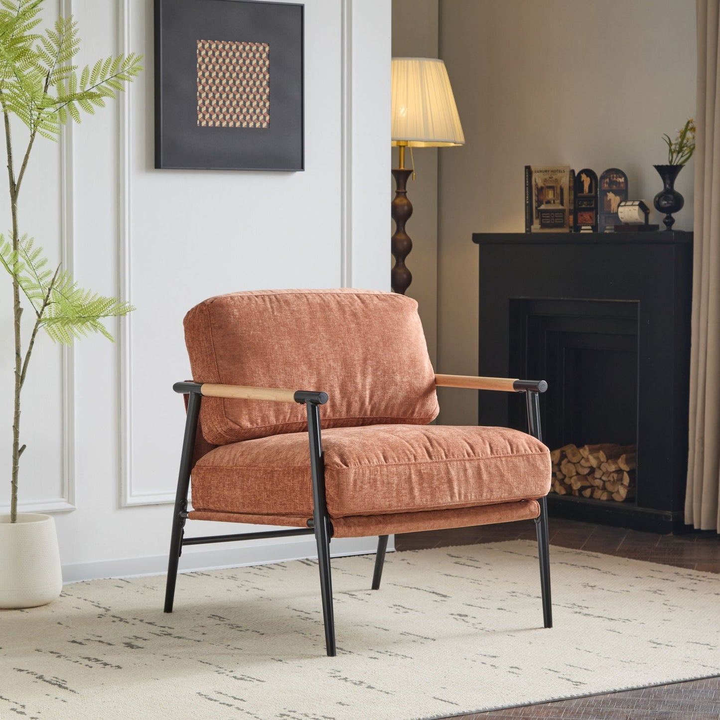 Modern Accent Chair with plush cushions and wooden armrests terracotta upholstery HouseOfZazla on Tampa Home & Garden Store