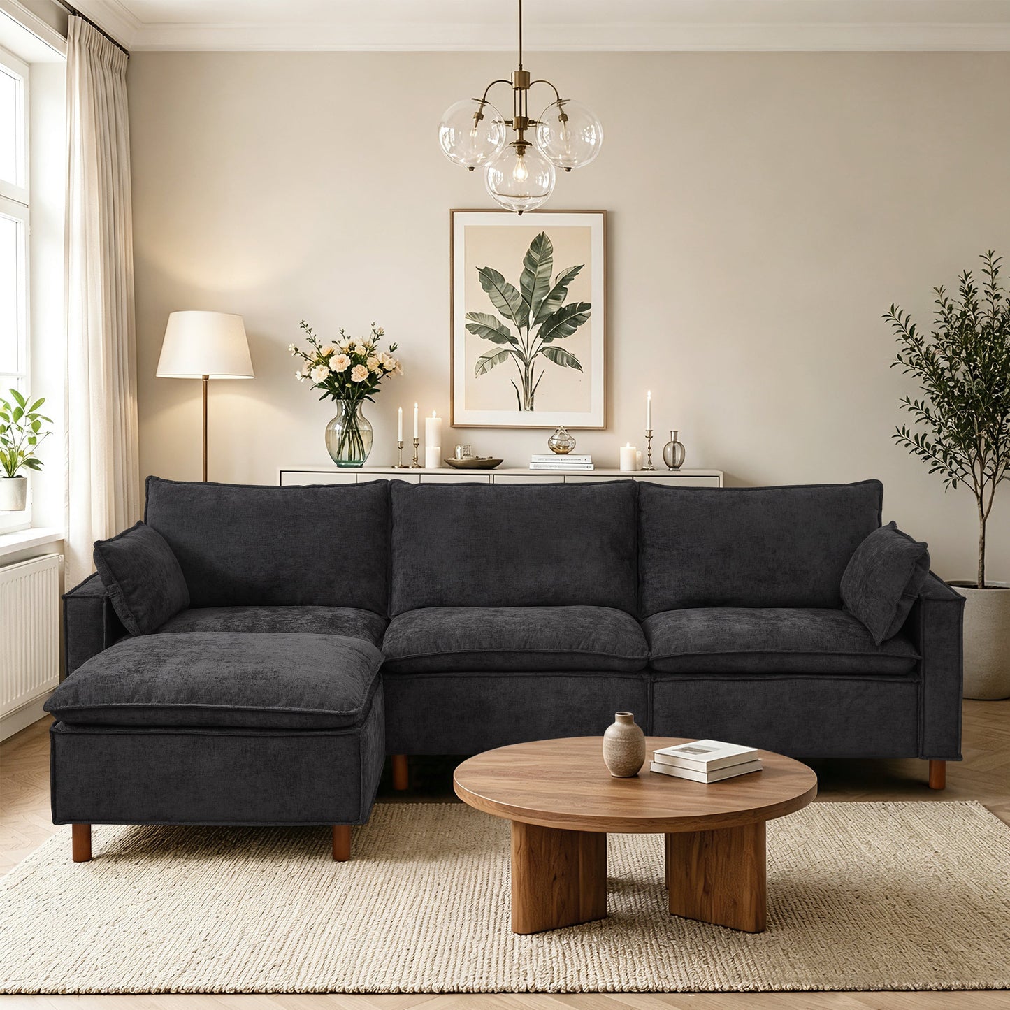 108.5in L-shaped sectional sofa by HouseOfZazla with movable ottoman in dark gray fabric on Tampa Home & Garden Store