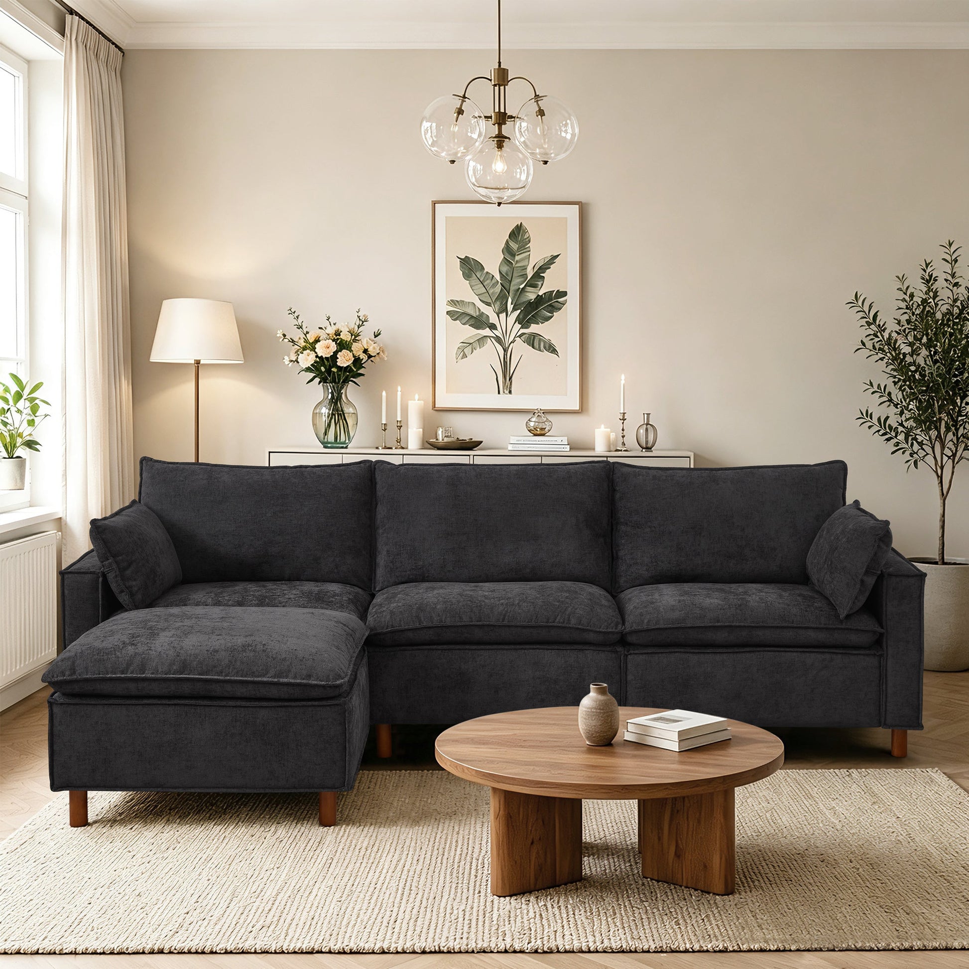 108.5in L-shaped sectional sofa by HouseOfZazla with movable ottoman in dark gray fabric on Tampa Home & Garden Store