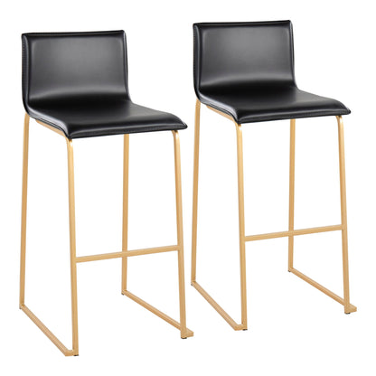 Set of 2 contemporary black upholstered bar stools with gold metal bases on Tampa Home & Garden Store