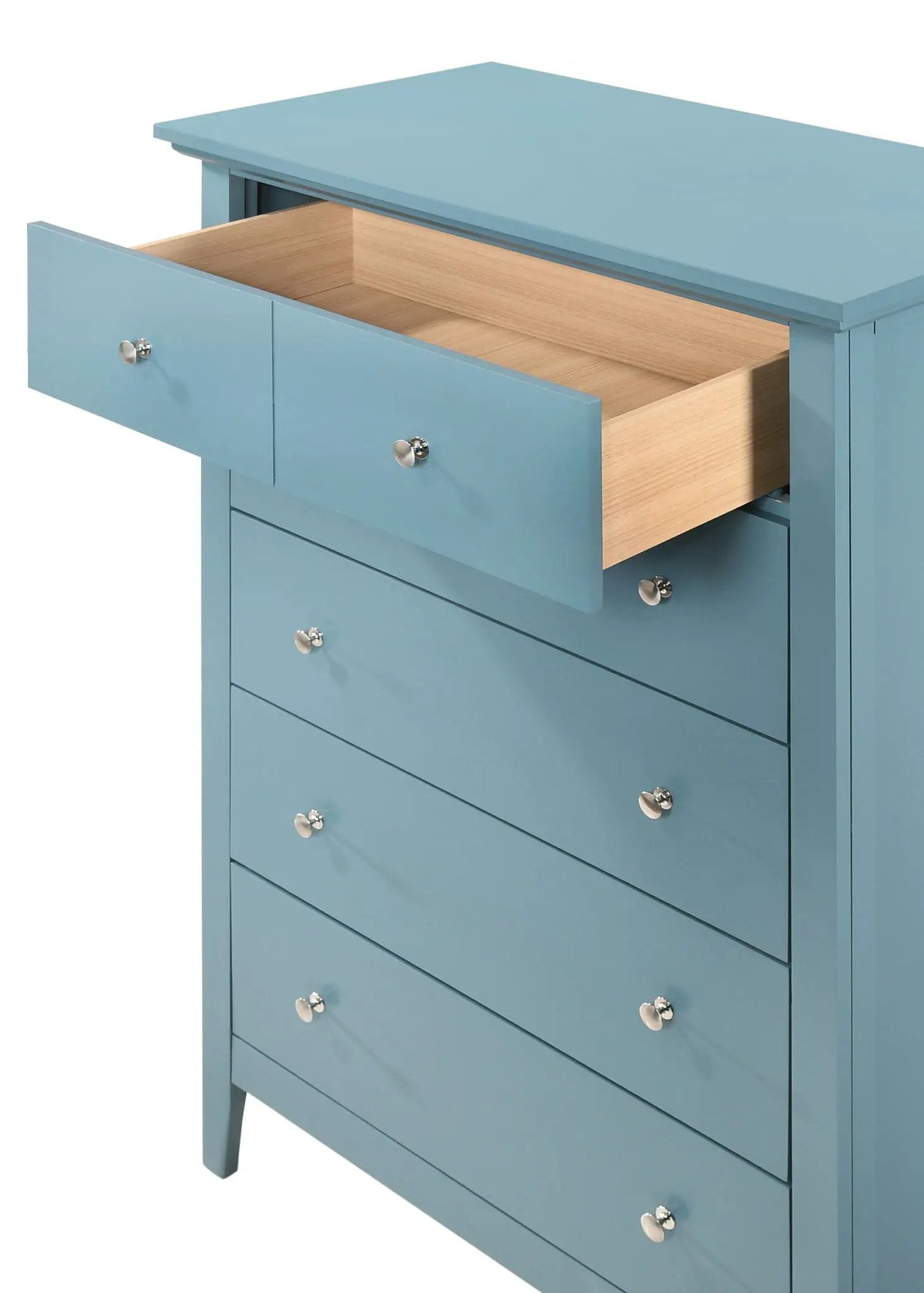 Hammond Chest blue accent chest with multiple drawers, chrome knobs, natural wood interior on Tampa Home & Garden Store