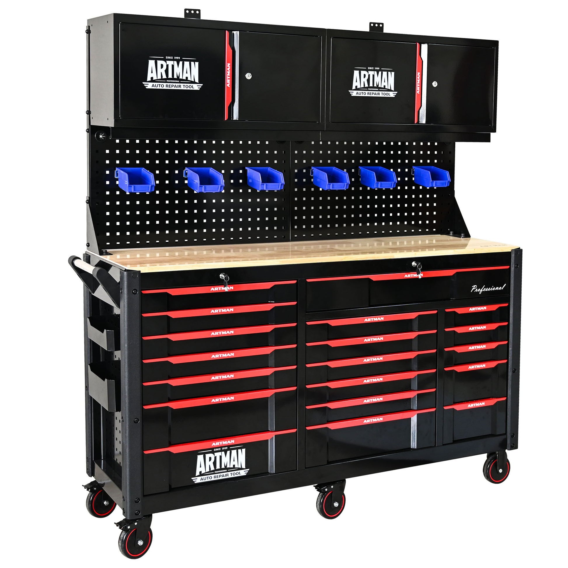 Wall-mounted double-door storage cabinet with tool rack and hooks, black with red accents ARTMAN on Tampa Home & Garden Store