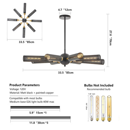 34in Modern Industrial Sputnik 8-Light chandelier HouseOfZazla; matte black with copper accents on Tampa Home & Garden Store