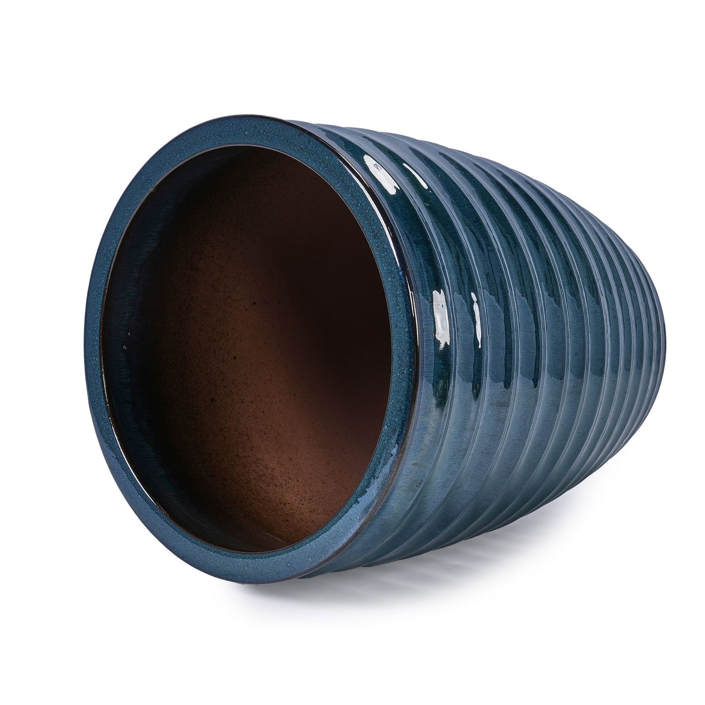 Flowerpot planter, blue ribbed with glossy finish and brown interior on Tampa Home & Garden Store