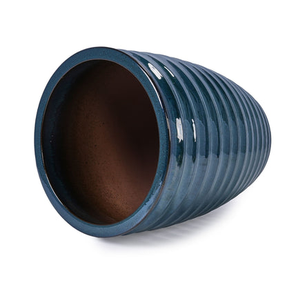 Flowerpot planter, blue ribbed with glossy finish and brown interior on Tampa Home & Garden Store
