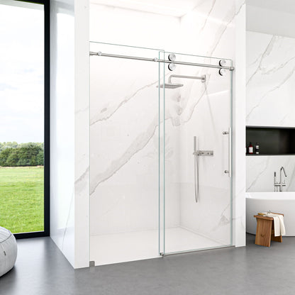 Clear tempered frameless sliding shower door with chrome hardware in a marble bathroom on Tampa Home & Garden Store