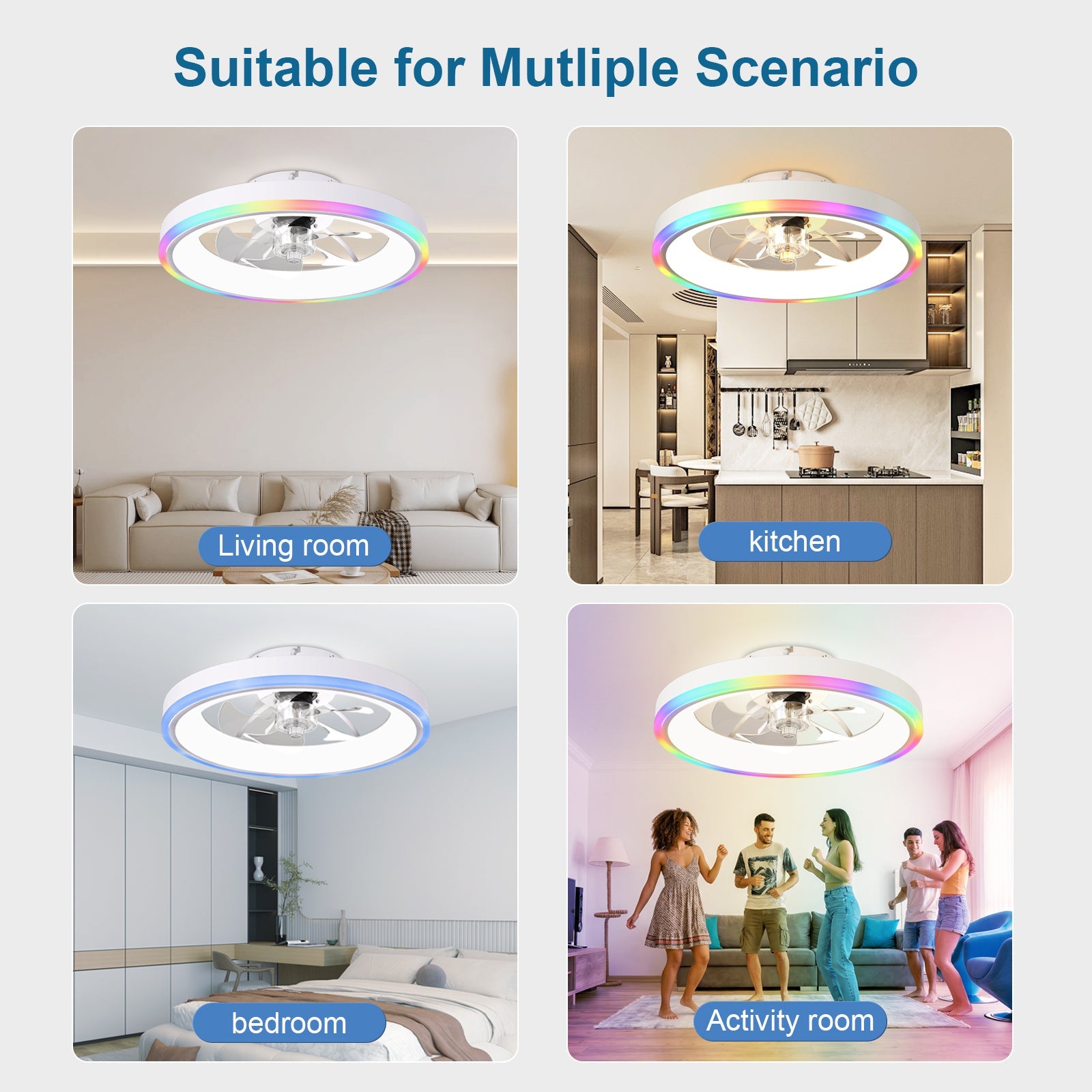19.7 in RGB Ceiling Fan with Lights by HouseOfZazla, white LED ring, LR & kitchen shown on Tampa Home & Garden Store