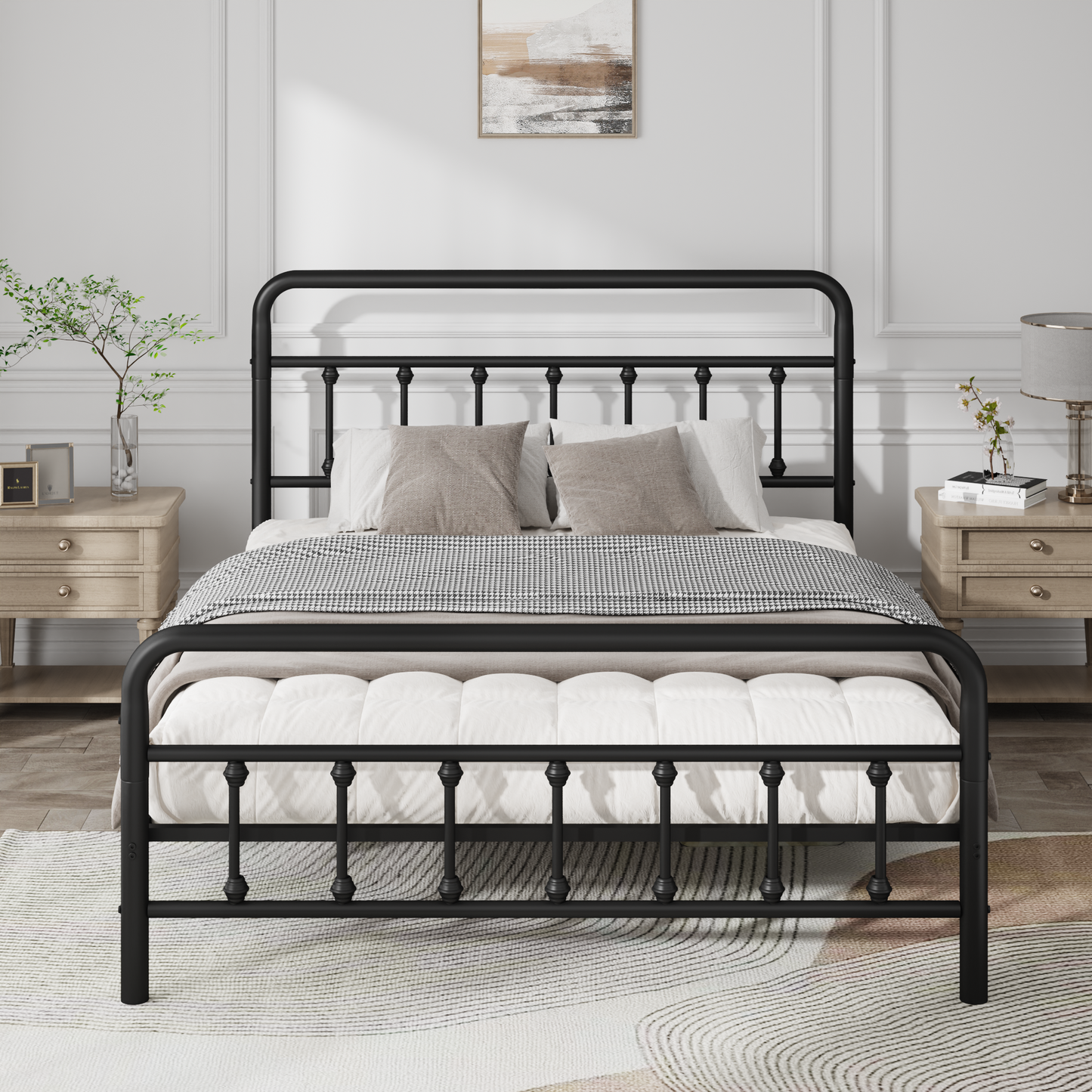 Metal full-size bed frame with curved headboard and under-bed storage in black on Tampa Home & Garden Store