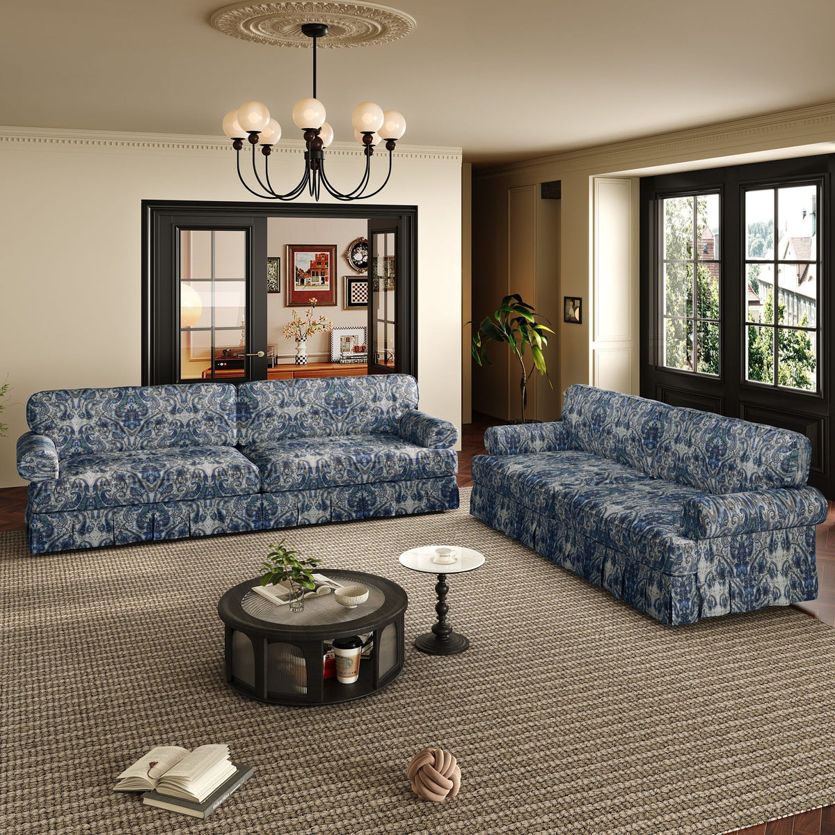 Three blue damask Comfortable Cloud Sofas with rolled arms and skirts by HouseOfZazla on Tampa Home & Garden Store