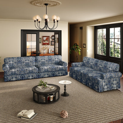Three blue damask Comfortable Cloud Sofas with rolled arms and skirts by HouseOfZazla on Tampa Home & Garden Store