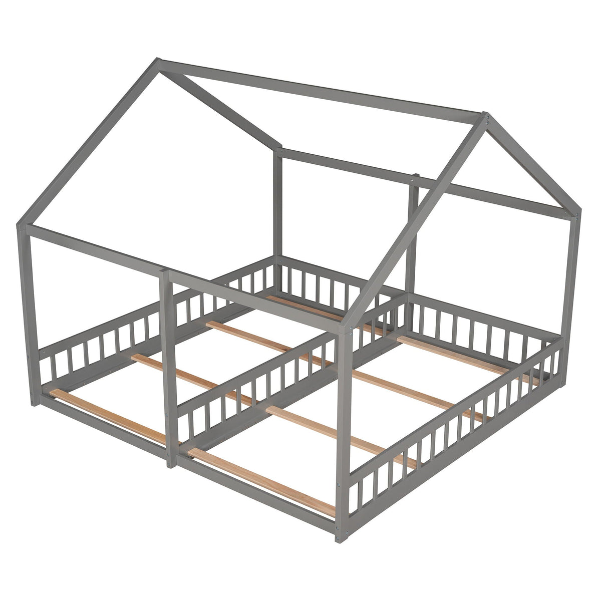 HouseOfZazla metal platform bunk bed frame, gray finish with guardrails, two sleeping levels on Tampa Home & Garden Store