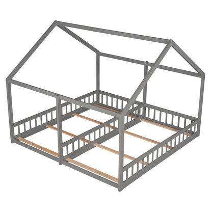 HouseOfZazla metal platform bunk bed frame, gray finish with guardrails, two sleeping levels on Tampa Home & Garden Store