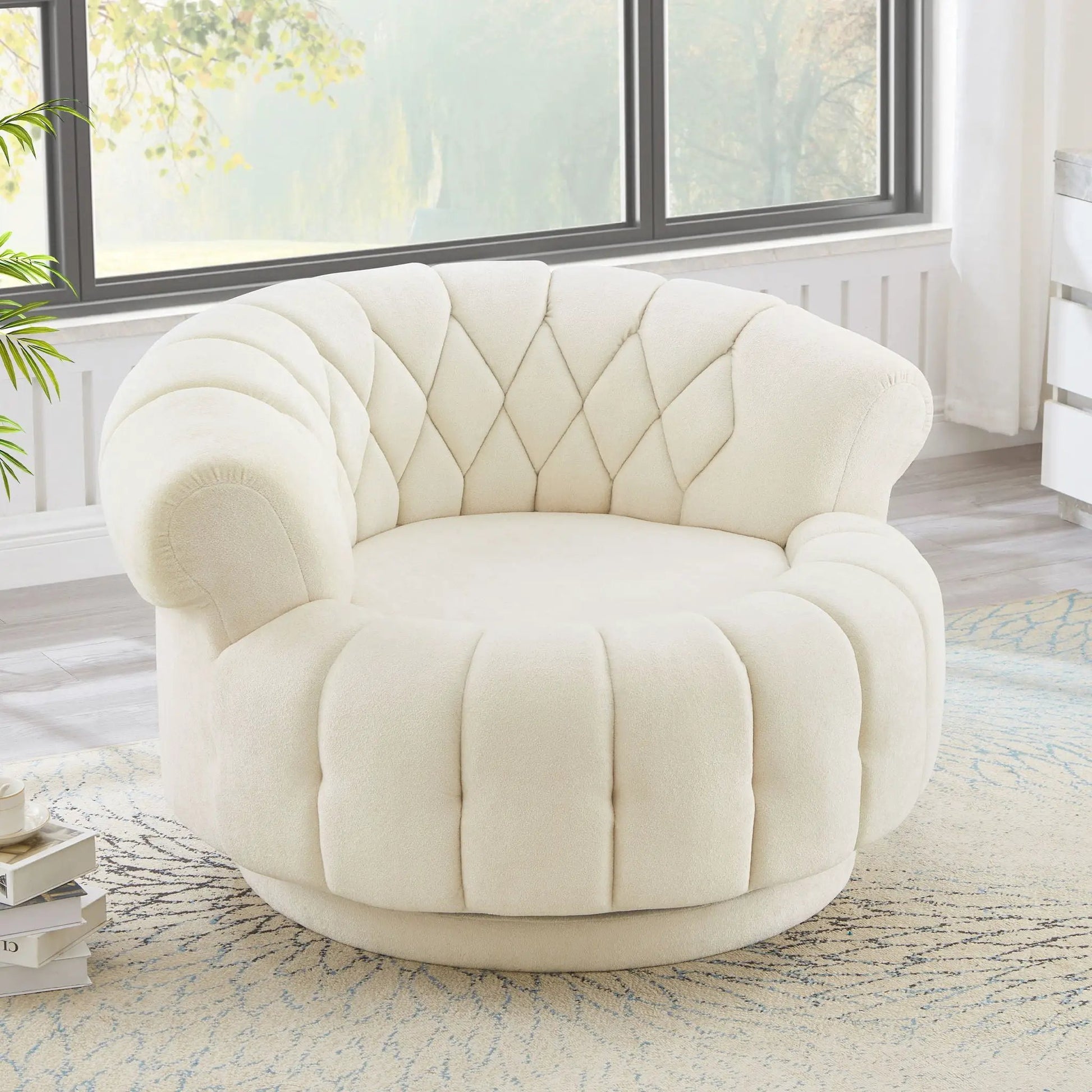 Round swivel accent chair in cream boucle with tufted cushions by Unique Piece Furniture on Tampa Home & Garden Store